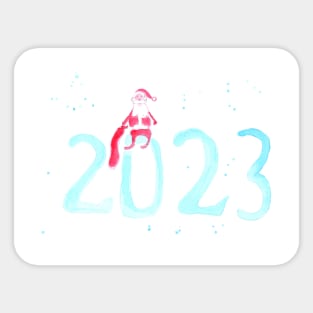 Watercolor 2023 and Santa Claus, new year art decoration, sketch. Illustration hand drawn modern Sticker